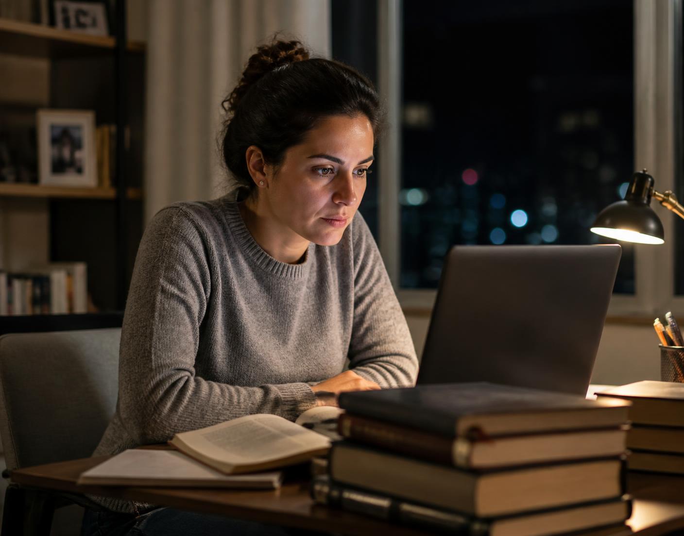 Advogada estudando o curso online à noite